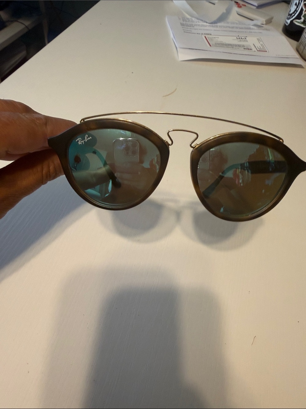 Ray-Ban Women's Brown Frame Sunglasses with Green Mirrored Lenses.